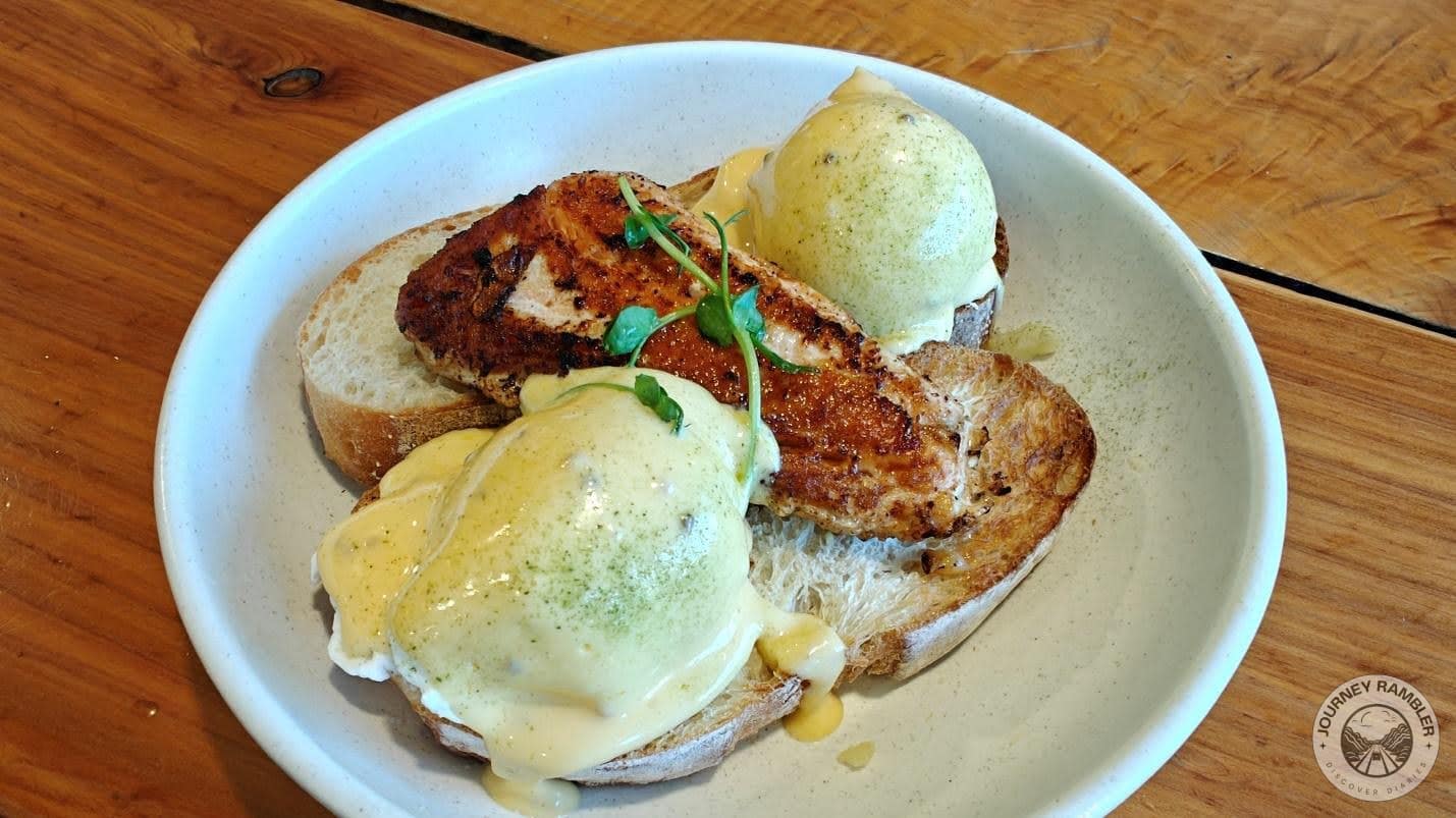 eggs benedict and salmon with toast