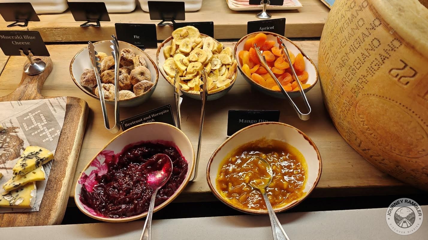 figs, apricots, mango dip and beetroot relish