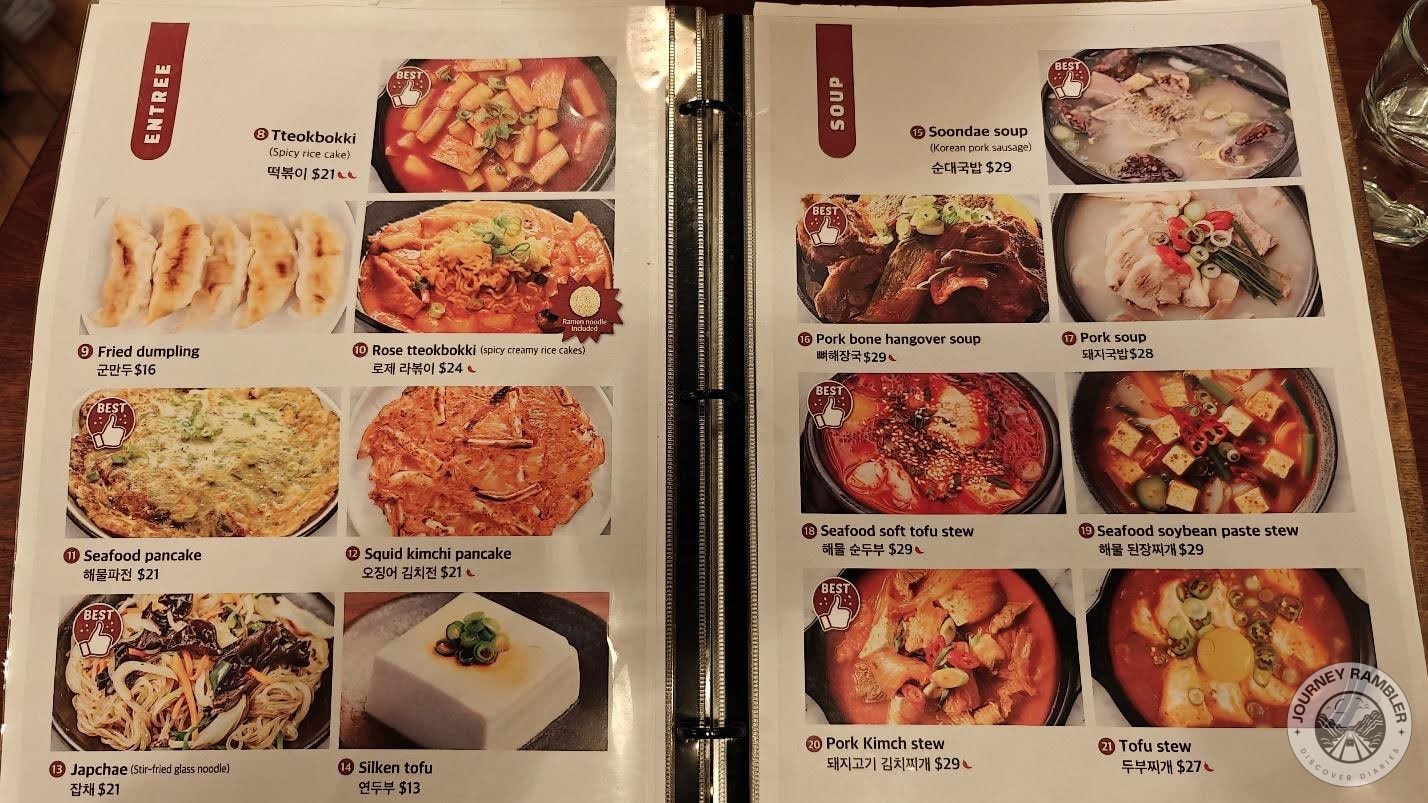 japchae, tofu stew, fried dumplings and squid kimchi pancakes