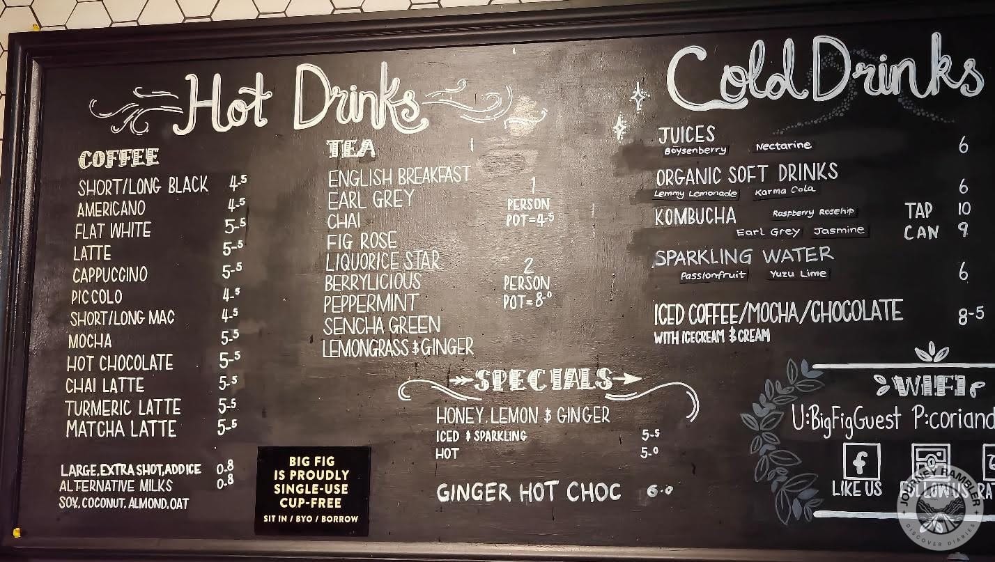 menu listed the hot drinks and cold drinks on offer
