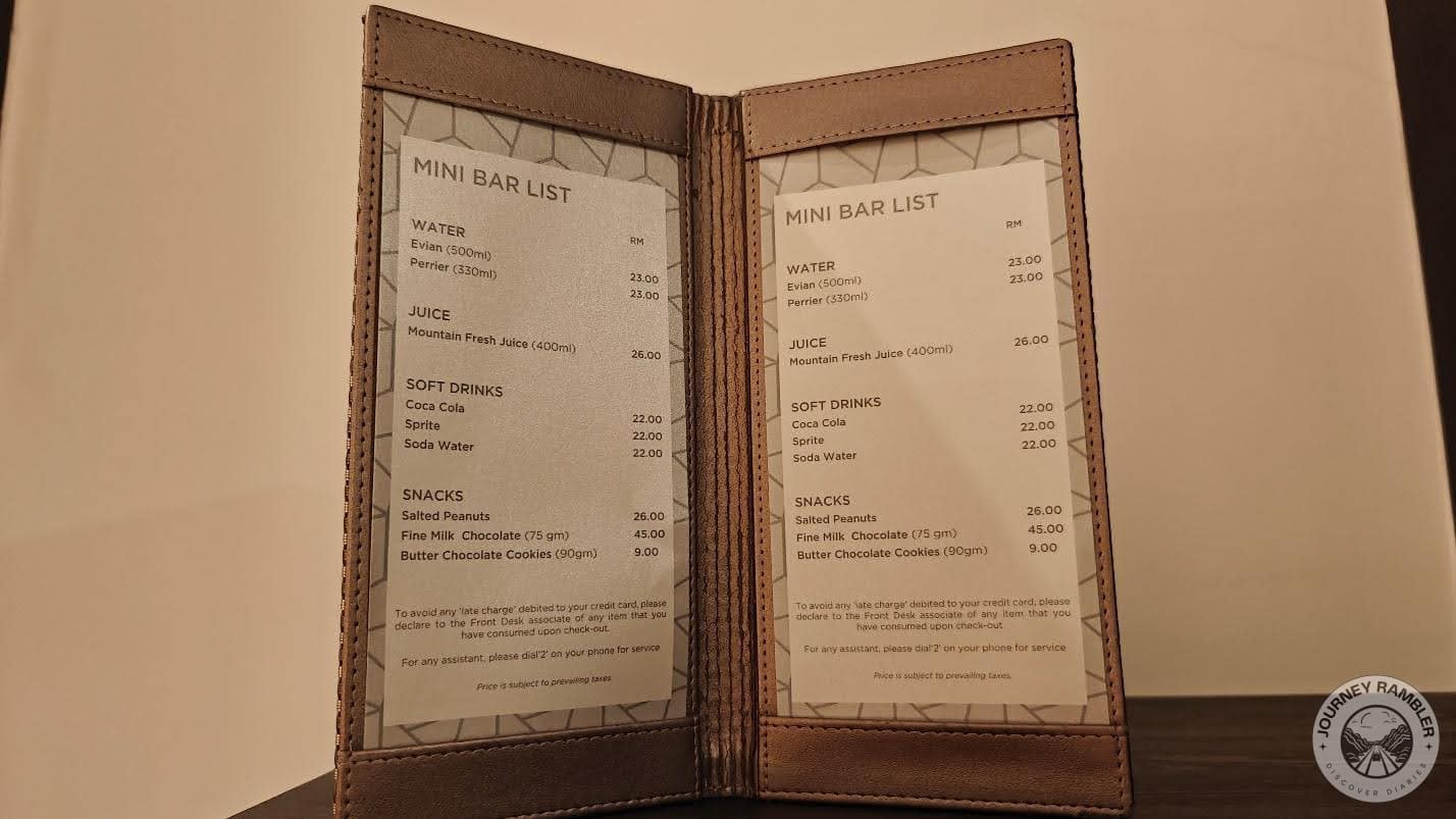 mini bar list gave the prices of the drinks and snacks