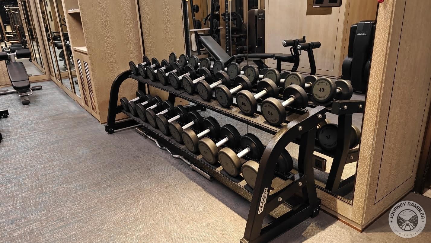 neat rows of dumbbells that had been kept on a rack