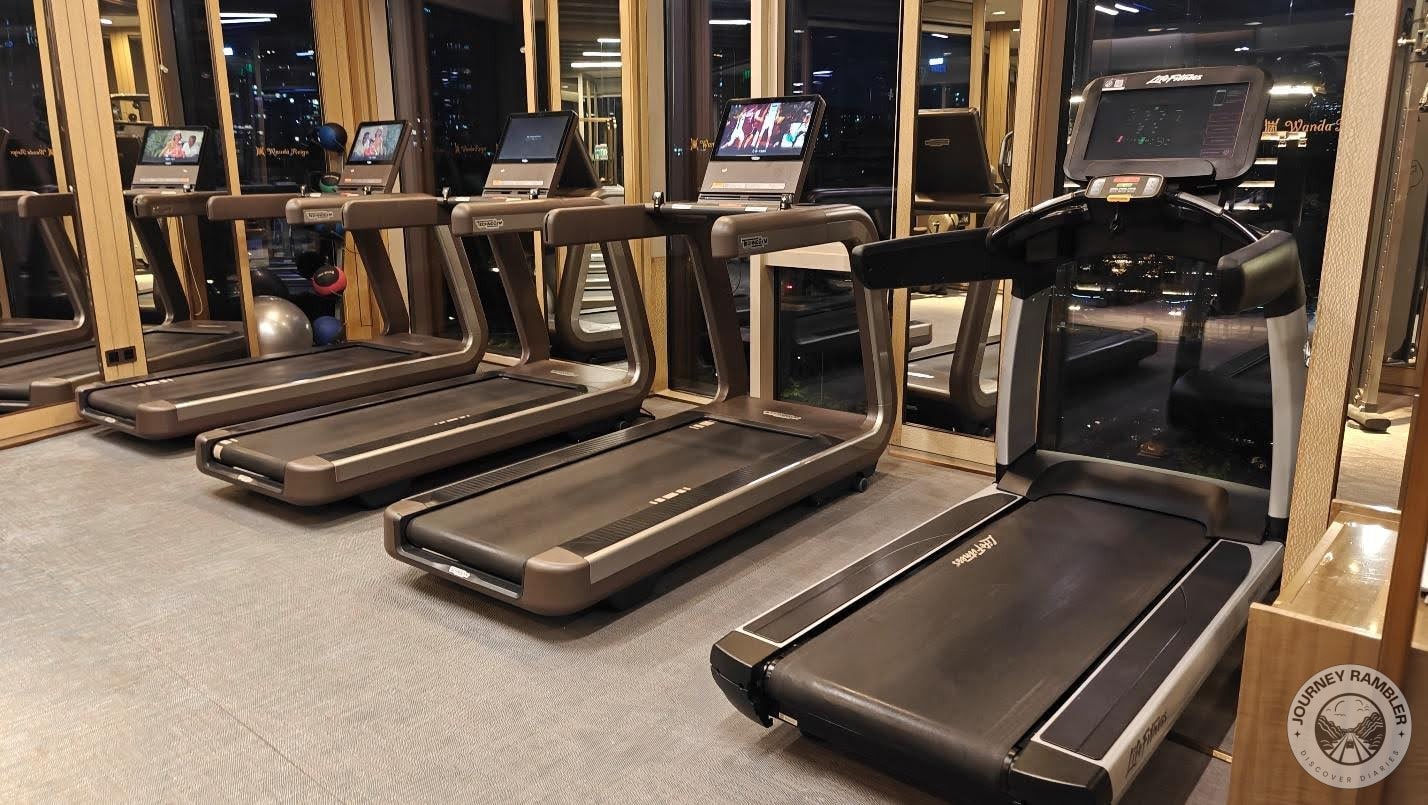 row of treadmills in front of the windows