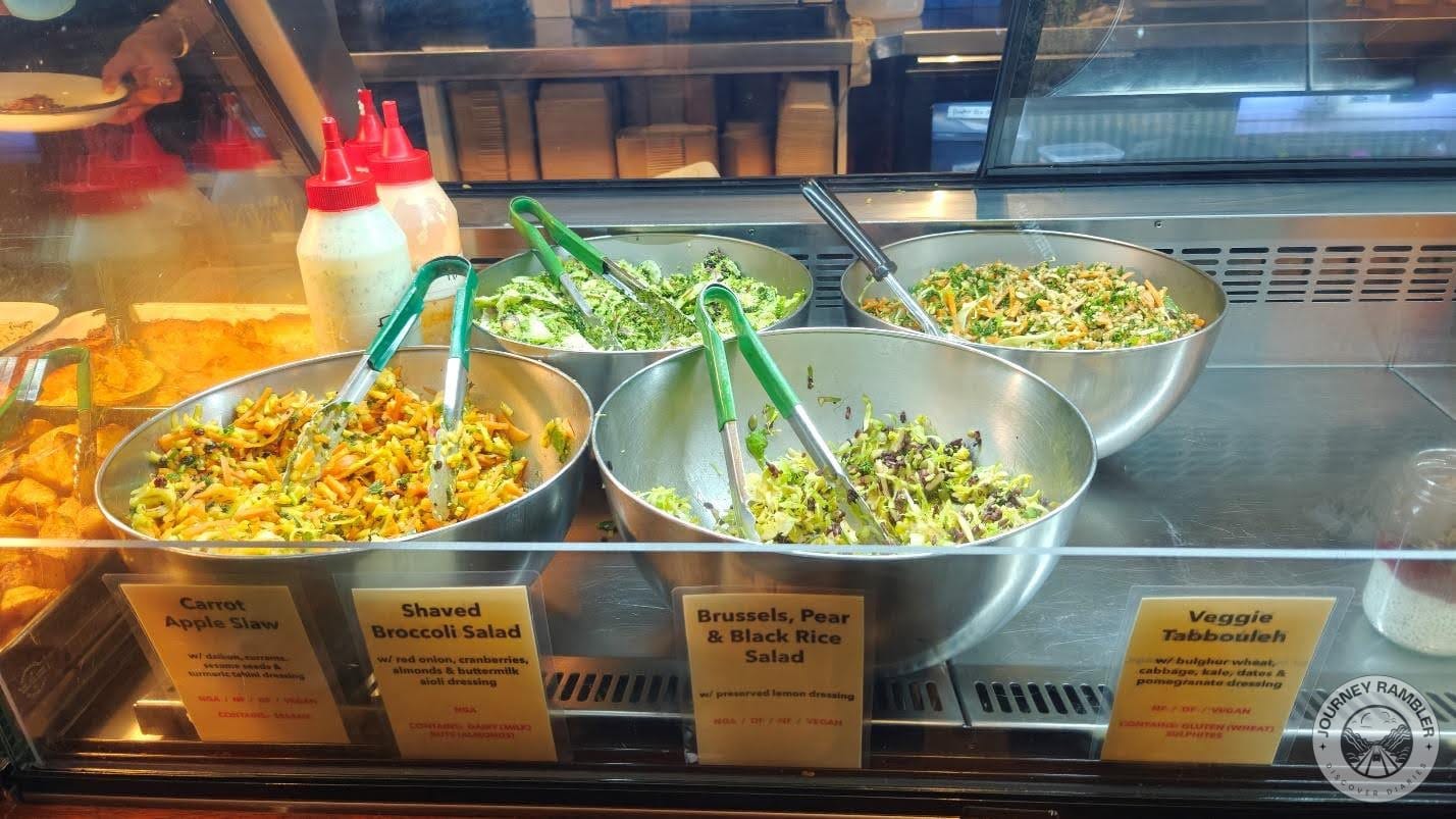 shaved broccoli salad and carrot apple slaw