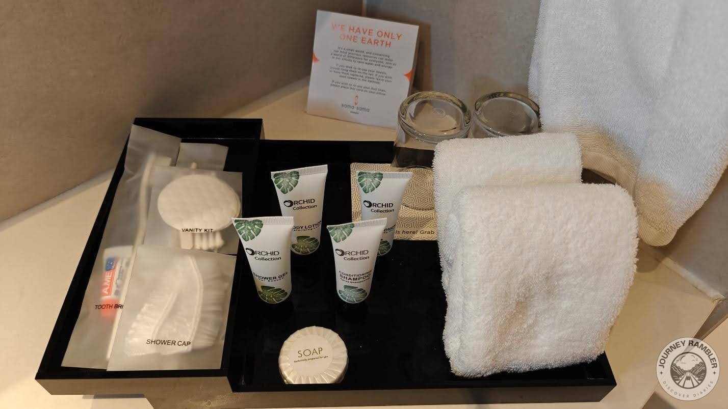 shower caps, soap and dental kits