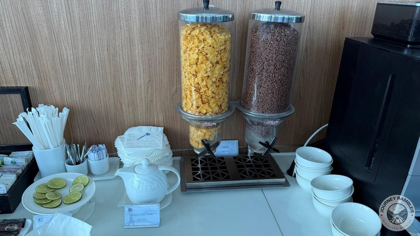 two different kinds of cereal and a pot of condensed milk