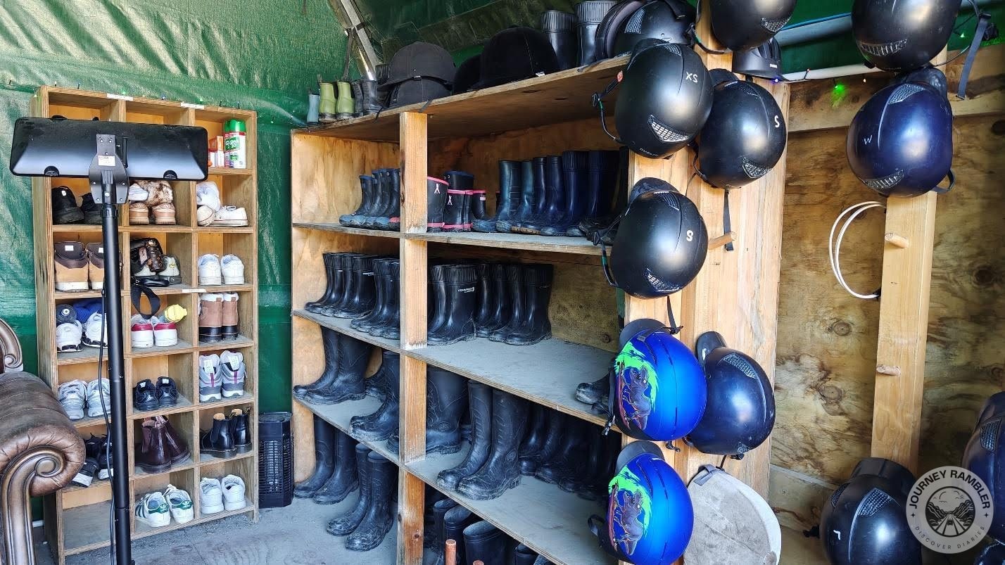 you can just leave the shoes you wore on a dedicated shelf adjacent to the rack where you found the boots