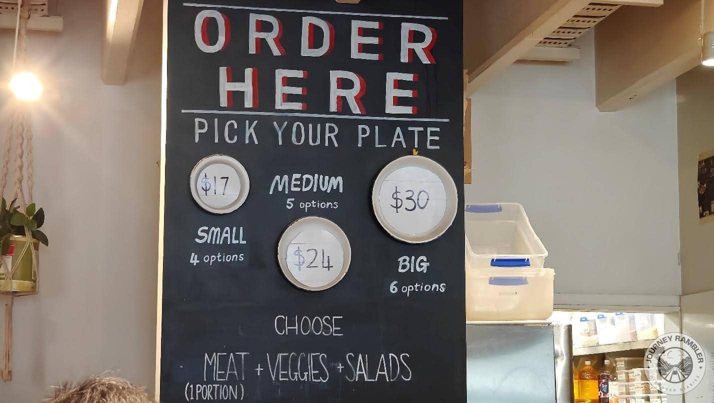 Customers could choose a size of plate along with their choice of meat and vegetables and salad