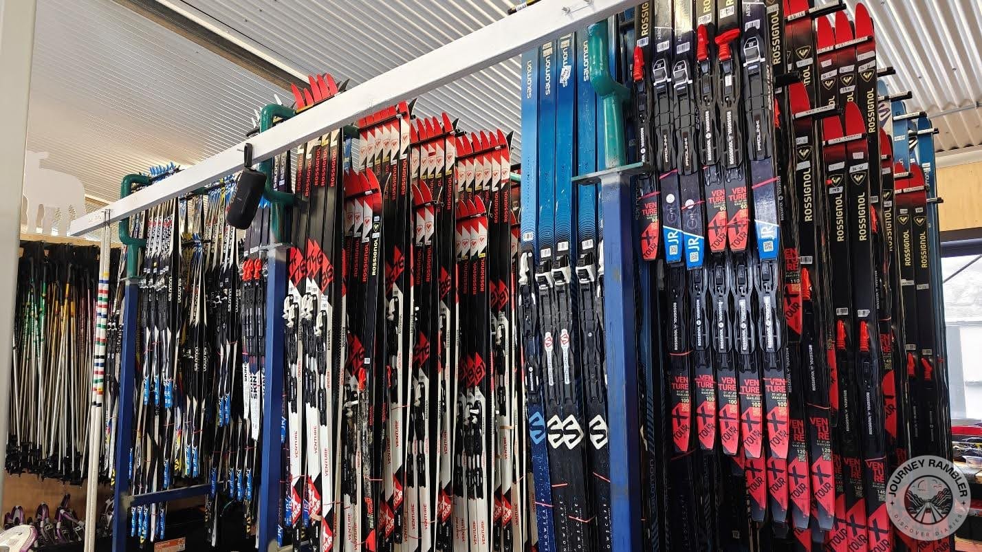 all kinds of skiing and mountain sports gear at the entrance