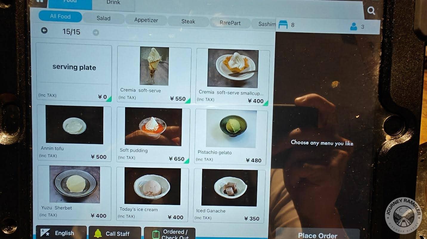 Desserts included gelato and ice cream