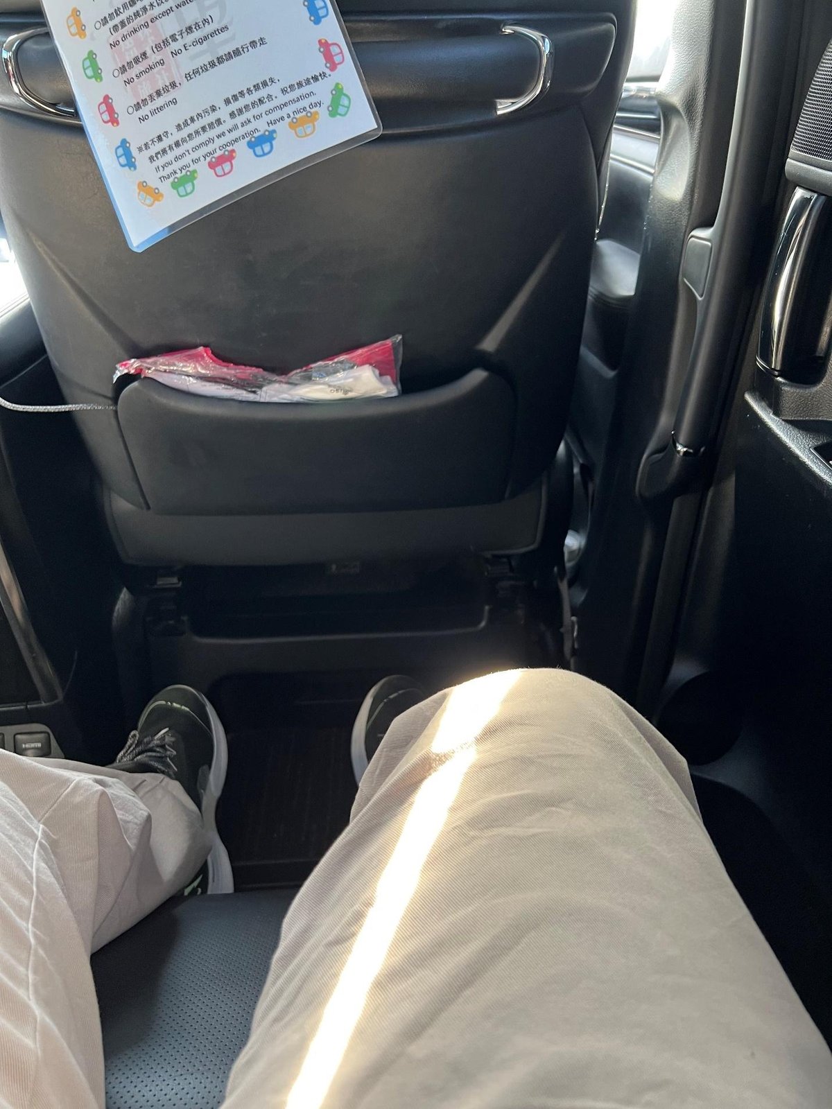 Backseat view in car, knees visible, sunlight on light pants, sign on seat.