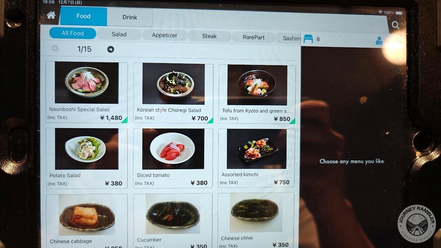 menu was available on a tablet