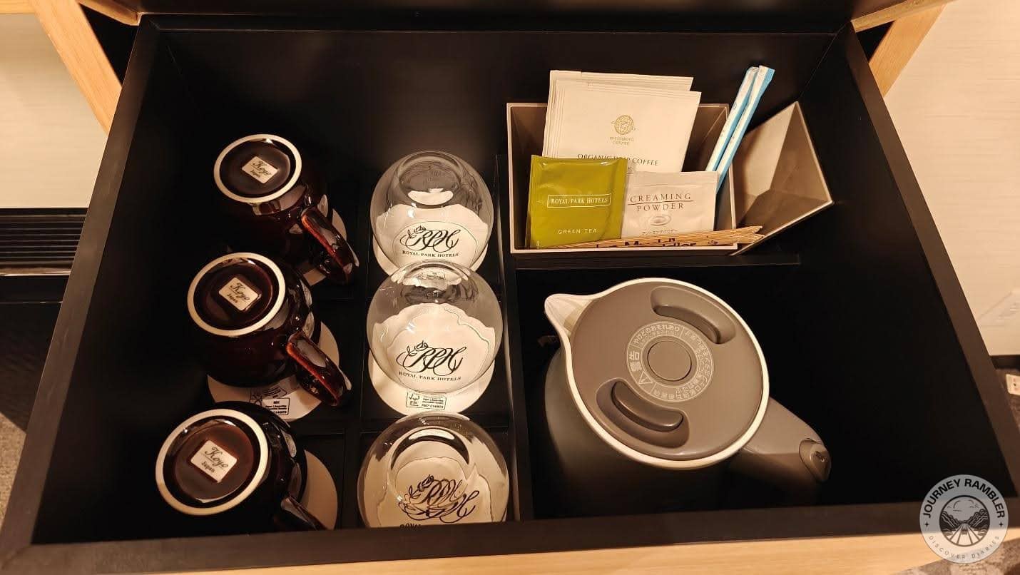 mugs, an electric kettle and tea sachets