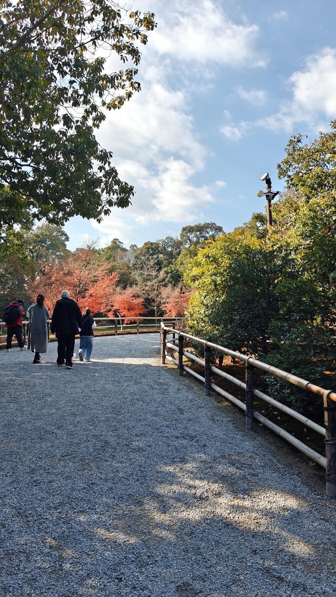 People walk on a gravel path with autumn trees under a blue sky.