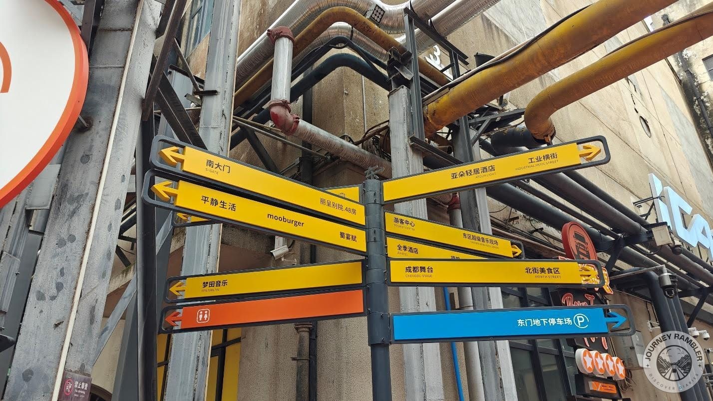 signs pointing to the direction of shops and notable attractions