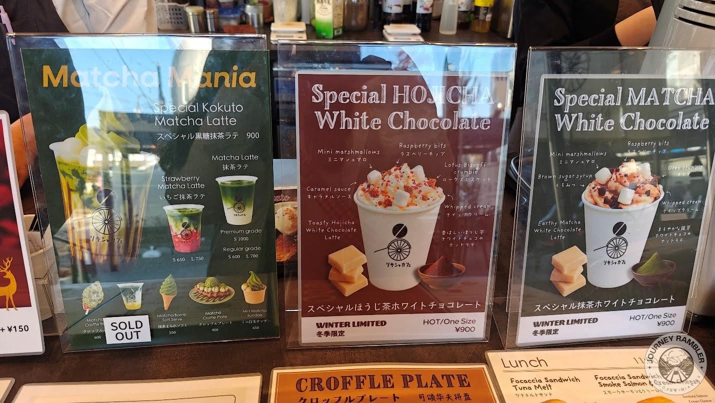 special hot chocolate came in matcha and white chocolate flavors