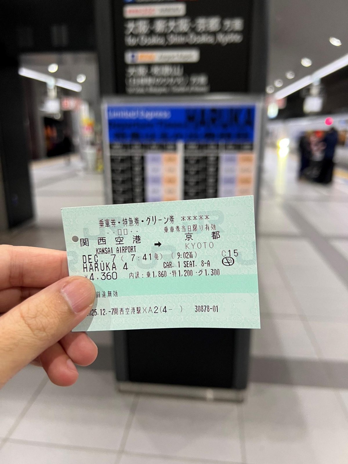 Train ticket held in hand at a modern train station platform.