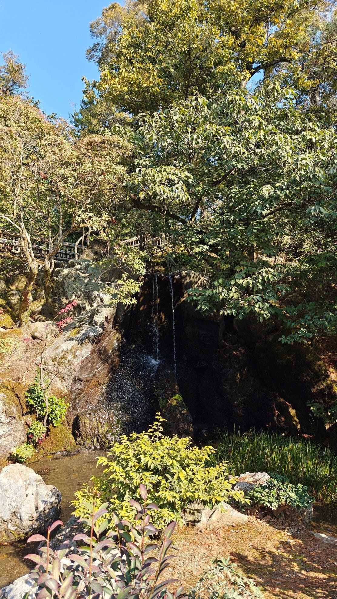 Tranquil waterfall in a lush green garden under a clear blue sky.