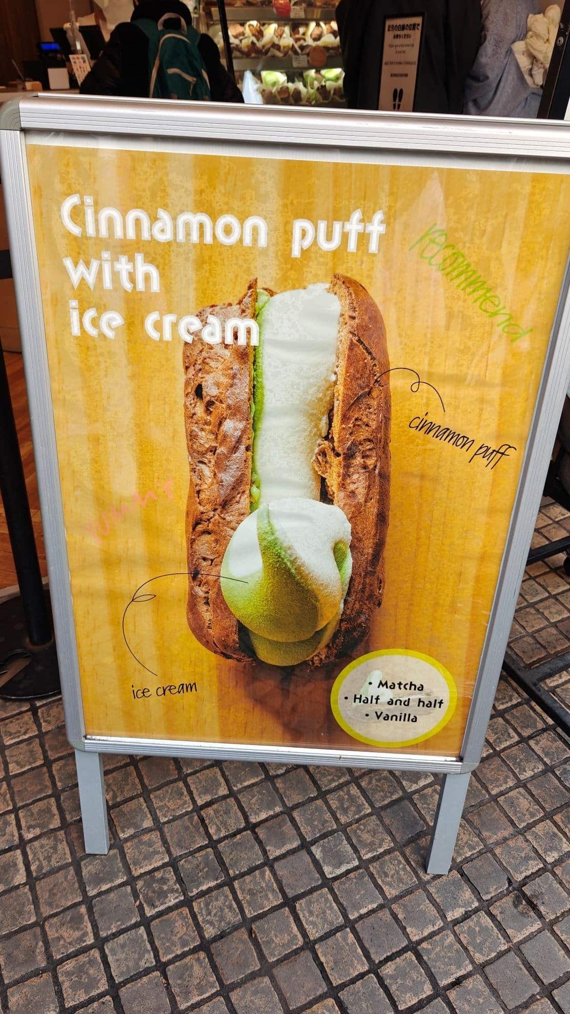 Cinnamon puff with ice cream poster on textured background