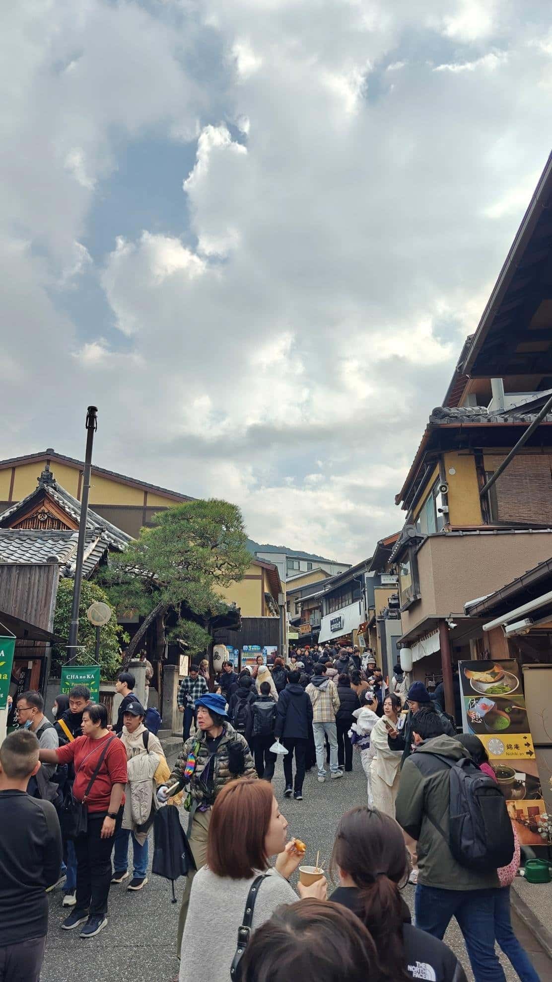 Crowded street with traditional buildings and cloudy sky
