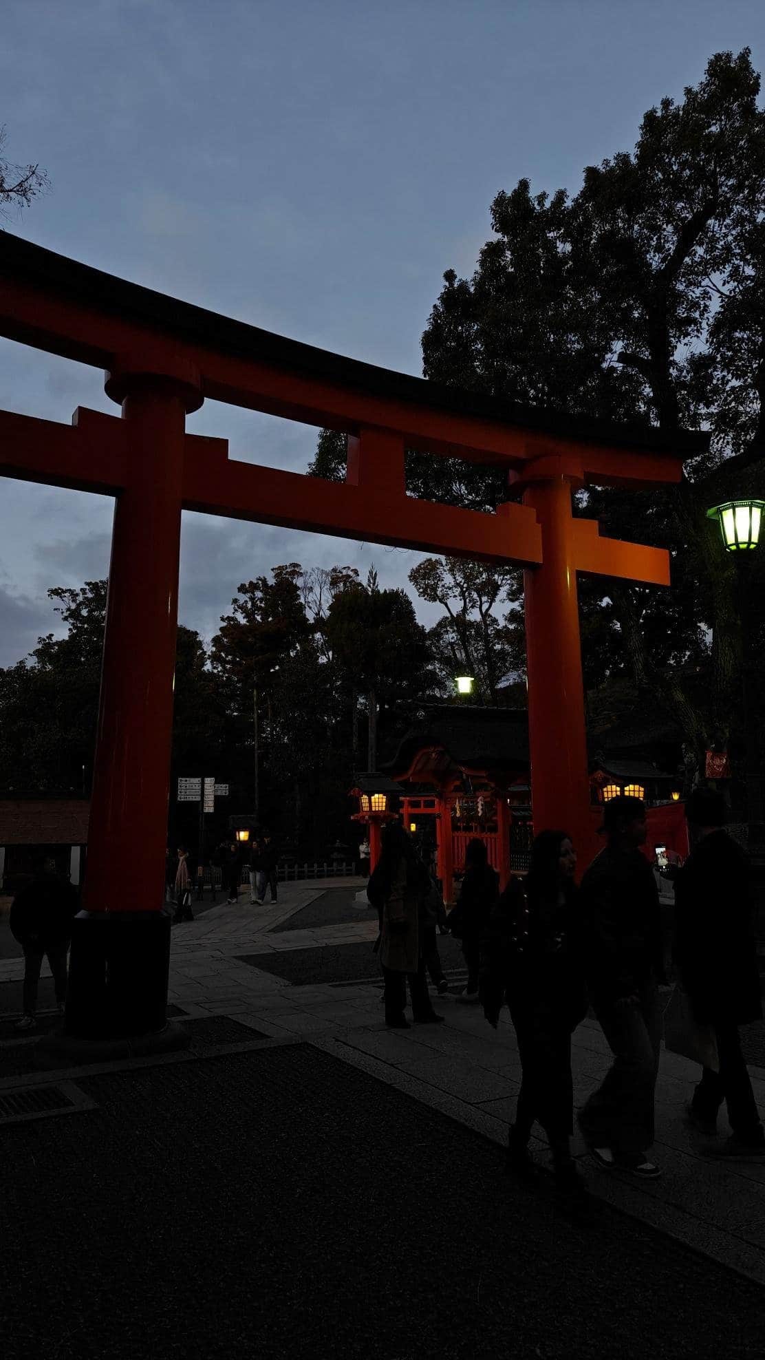 Dimly lit torii gate with silhouetted people and trees