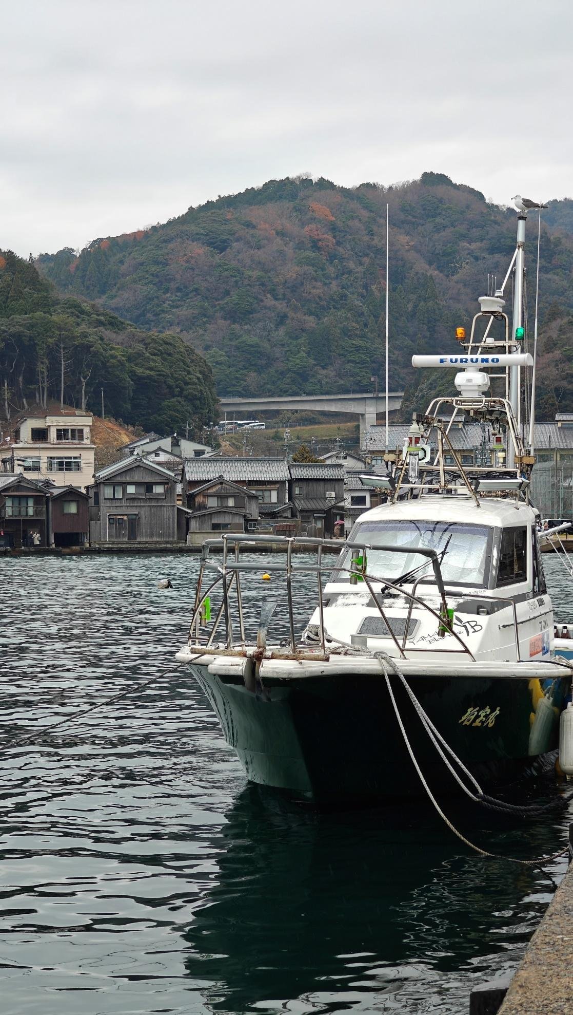 Fishing boat docked near traditional village and forested hills