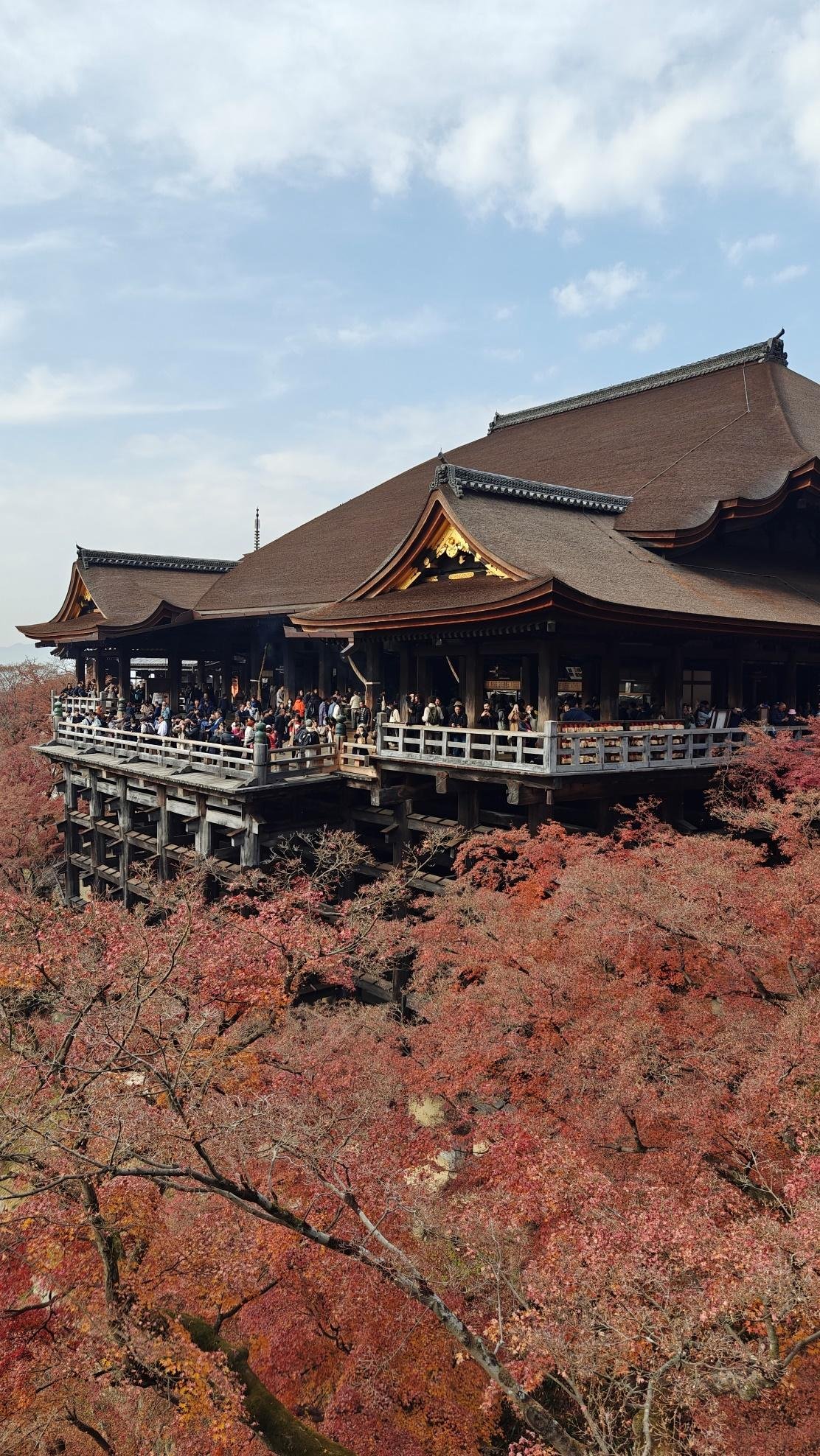 Historic temple amid red autumn leaves under a clear sky