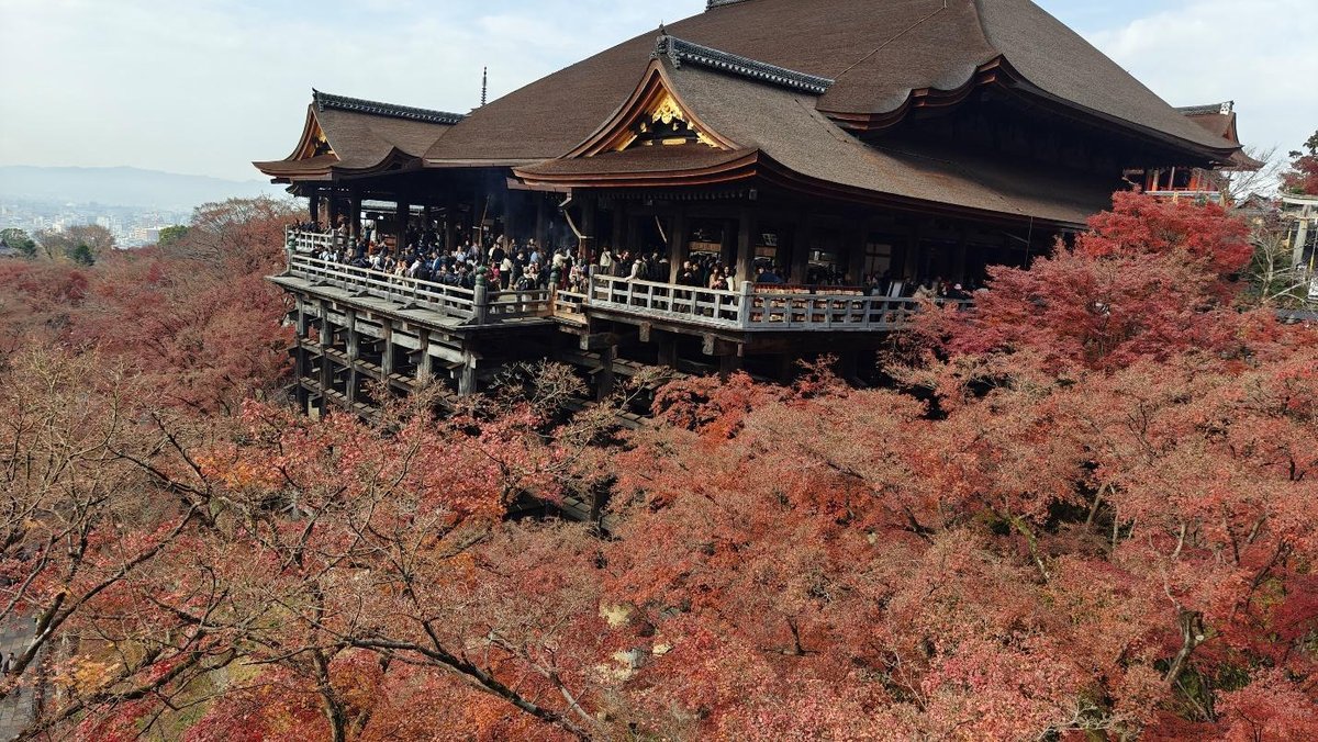 Historic temple with autumn foliage and tourists visiting