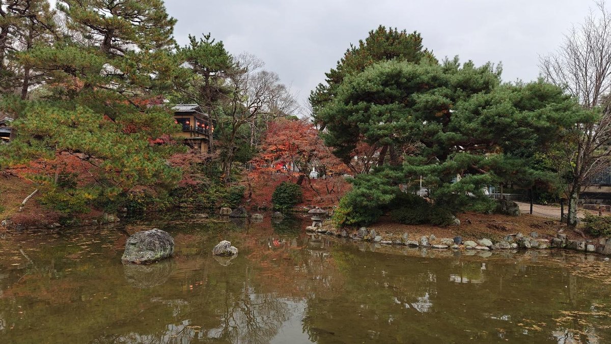 Japanese garden with pond and autumn foliage