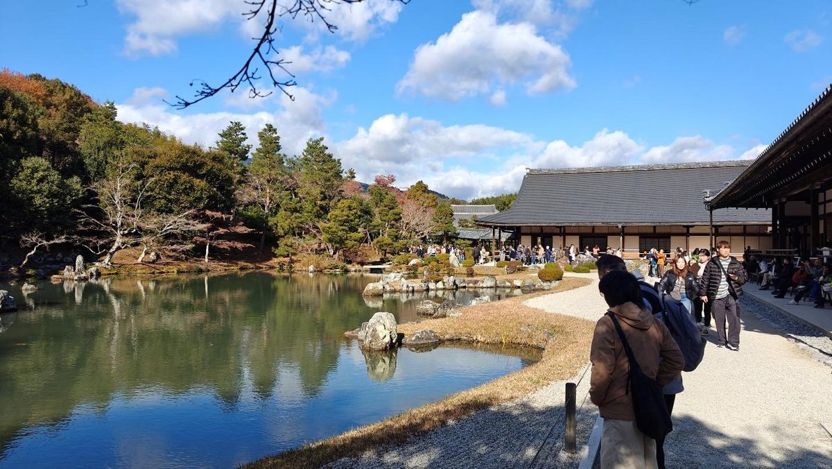 Japanese garden with pond and temple, people strolling