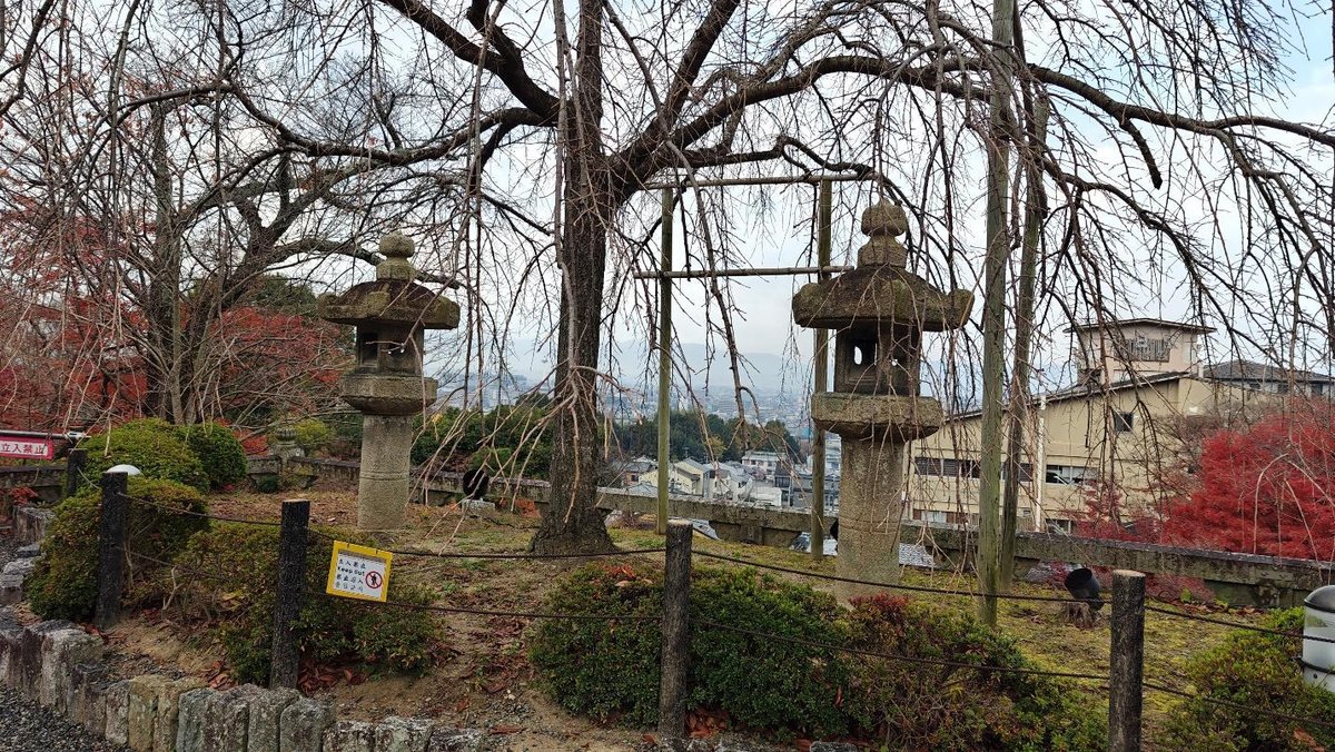 Japanese garden with stone lanterns and bare trees
