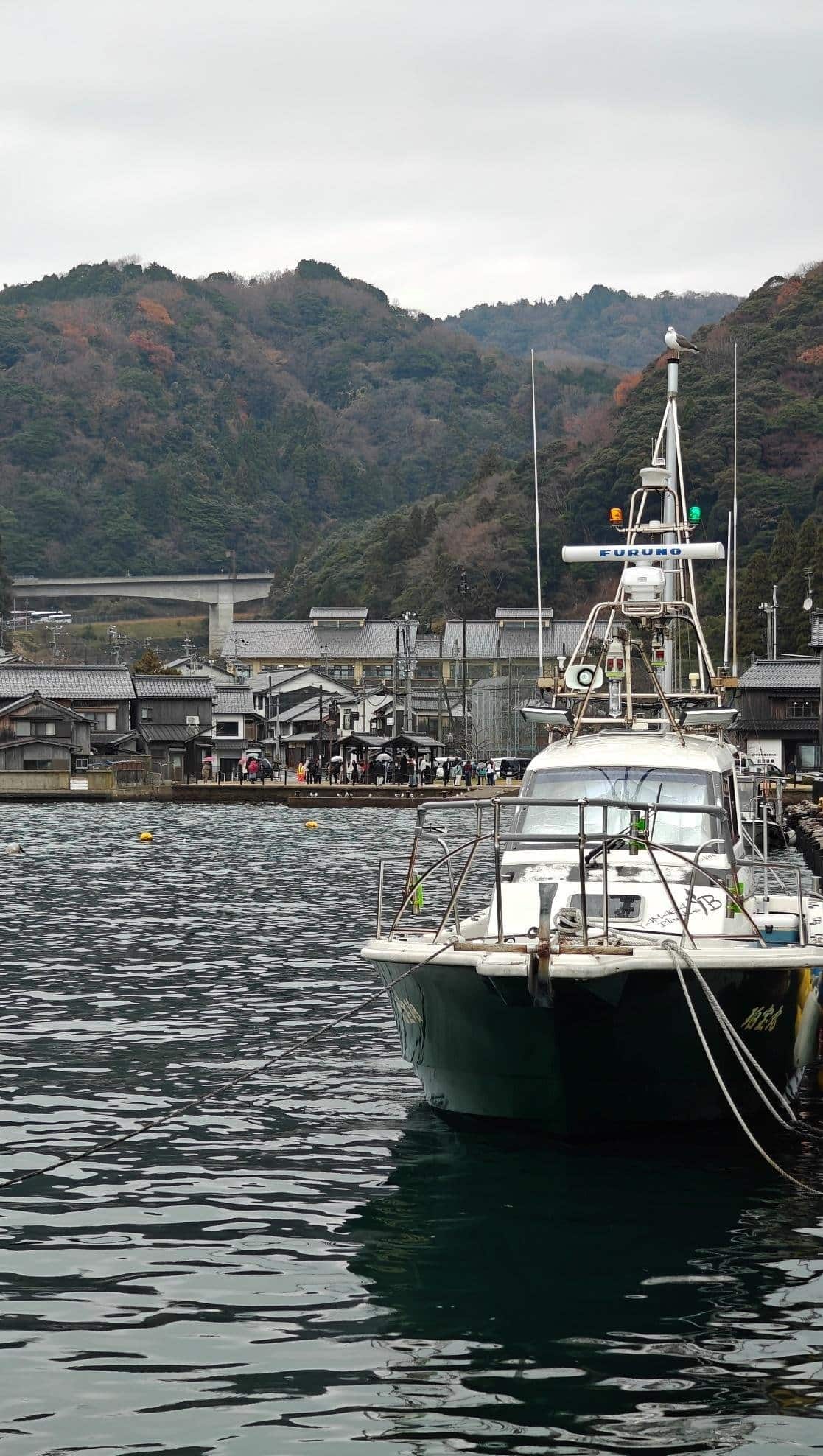 Moored boat by charming coastal village and wooded hills