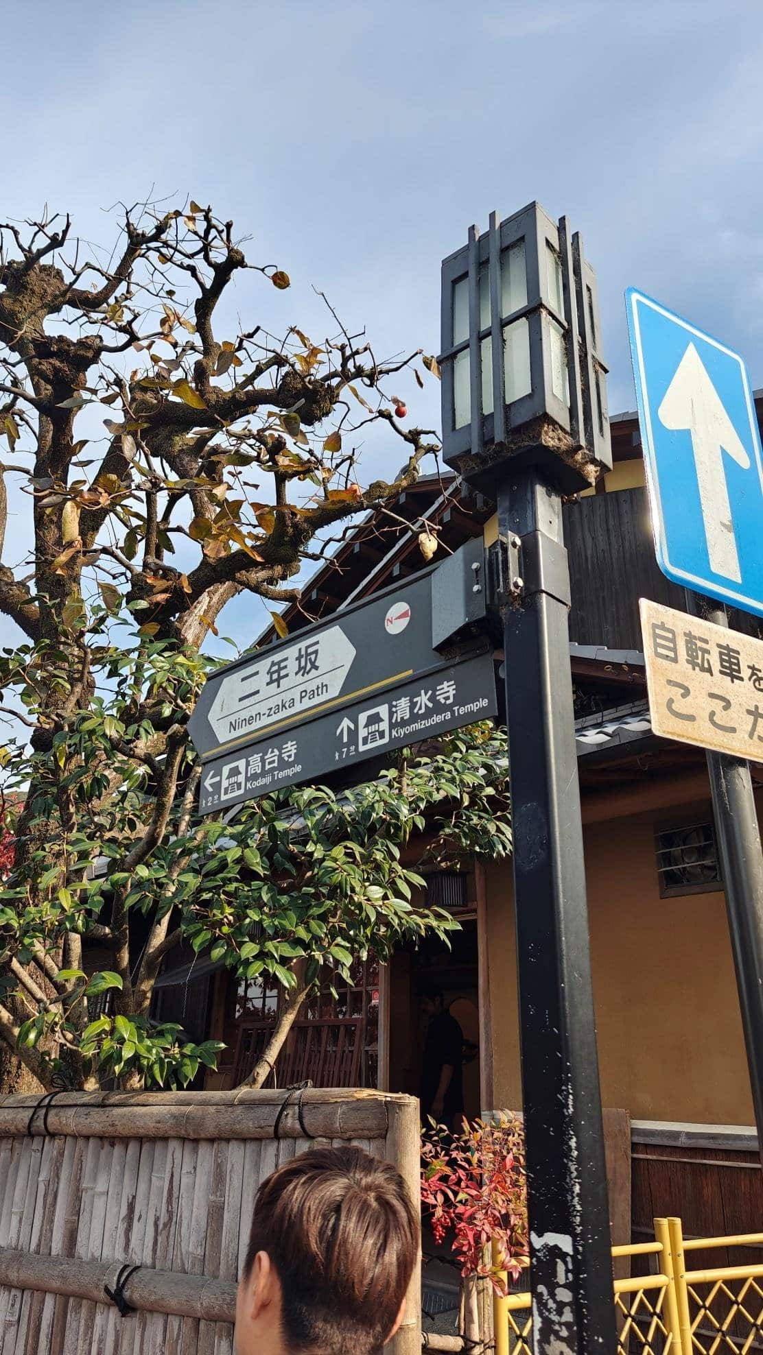Ninen-zaka Path sign with tree and lantern in Kyoto