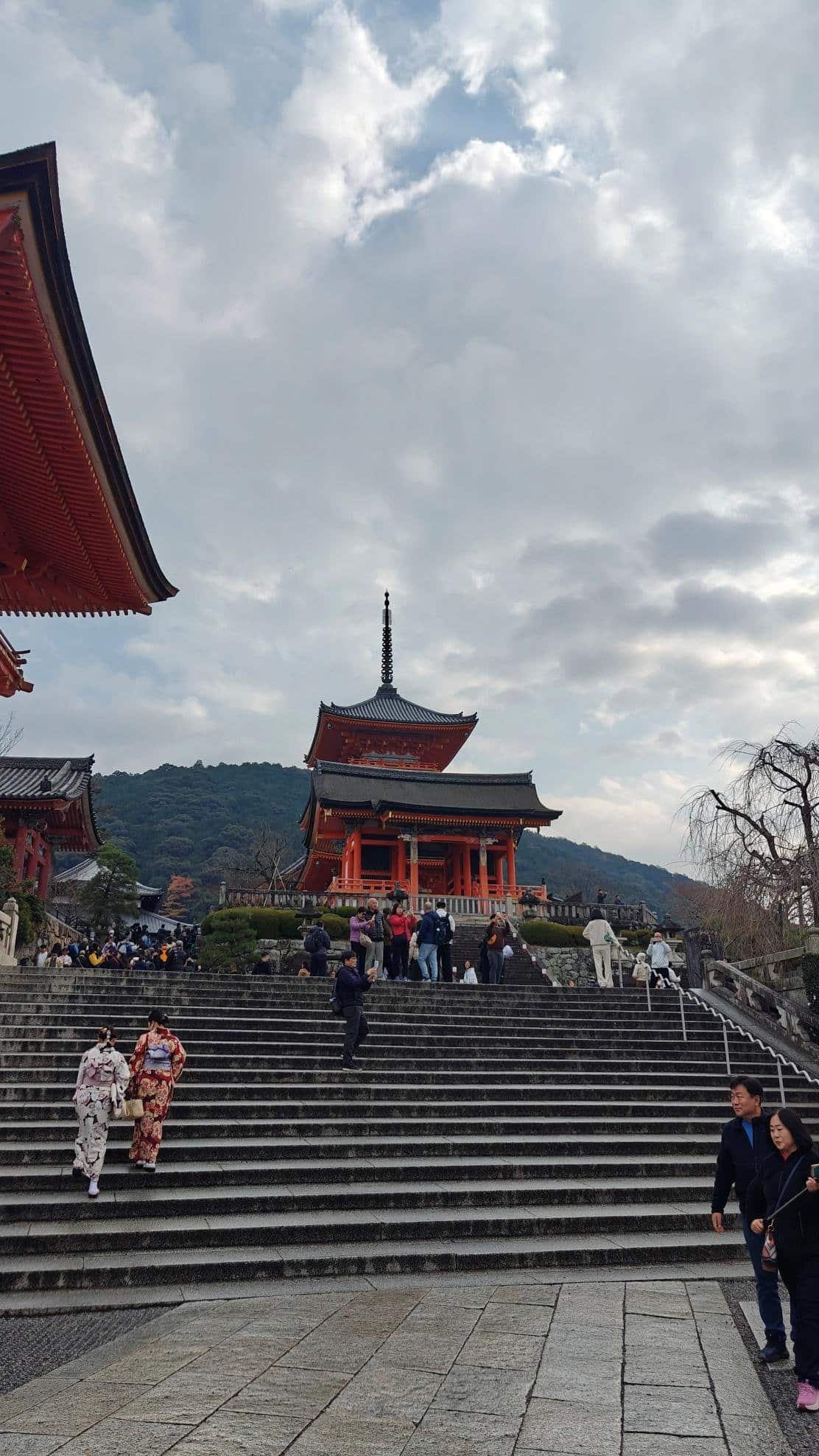 People on steps leading to a traditional Japanese temple