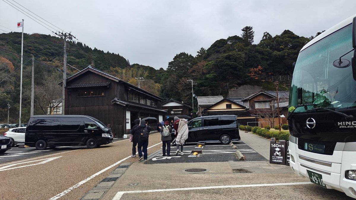 People outside traditional buildings near parked buses and vans
