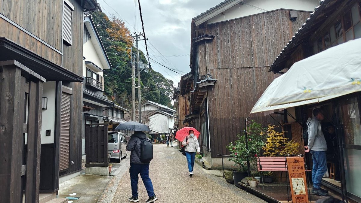 People with umbrellas on a rainy street with wooden buildings
