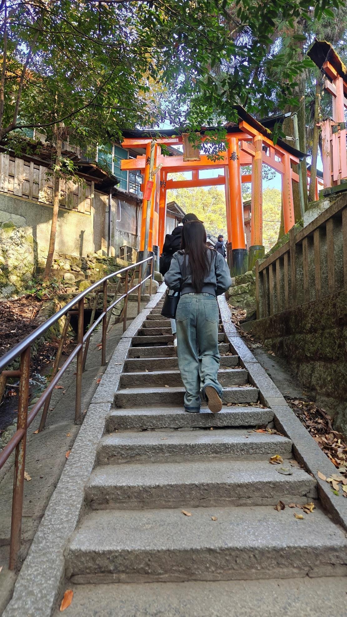 Person walking up stone steps under orange torii gates