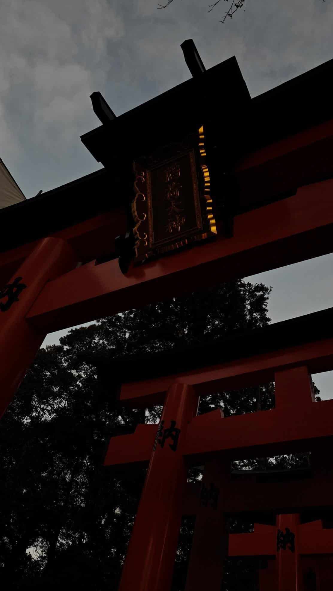 Red torii gate under cloudy sky with dark trees
