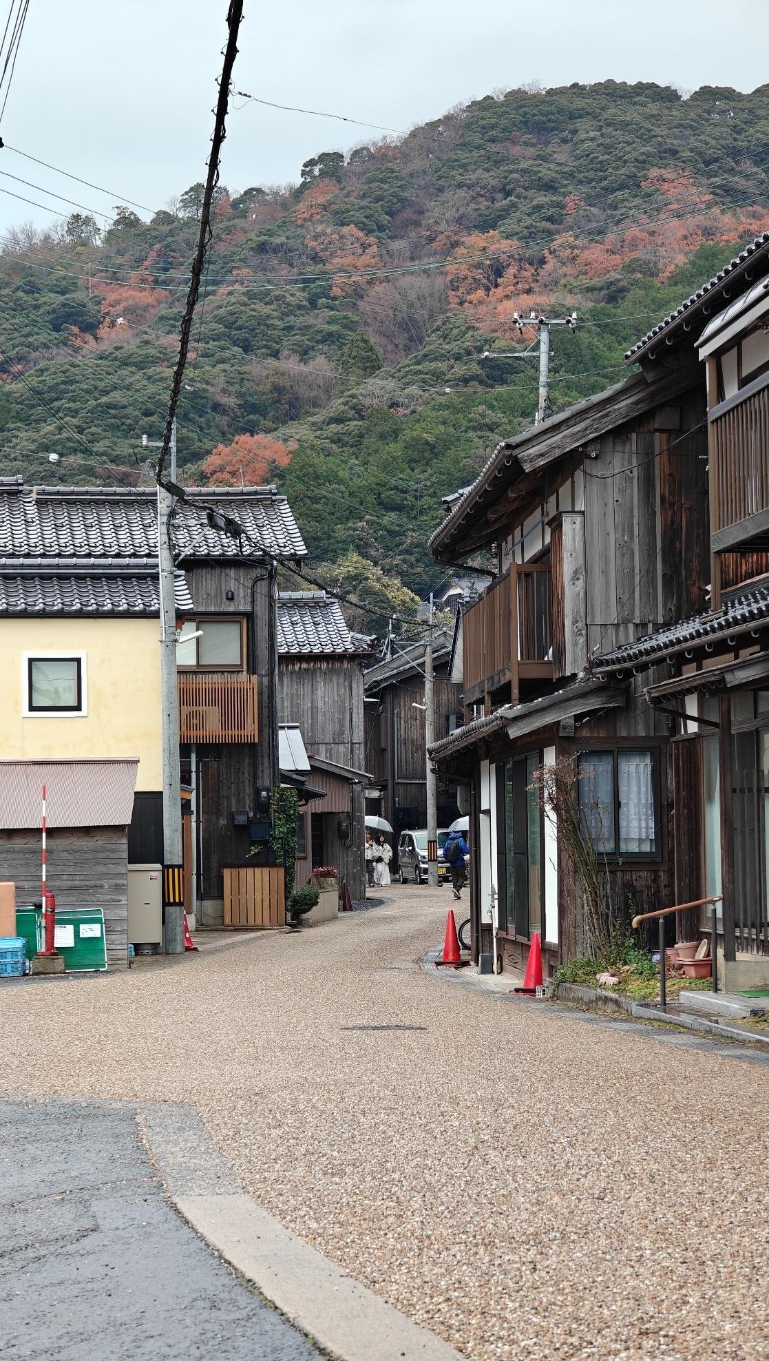 Rustic village street with wooden houses and forested hills