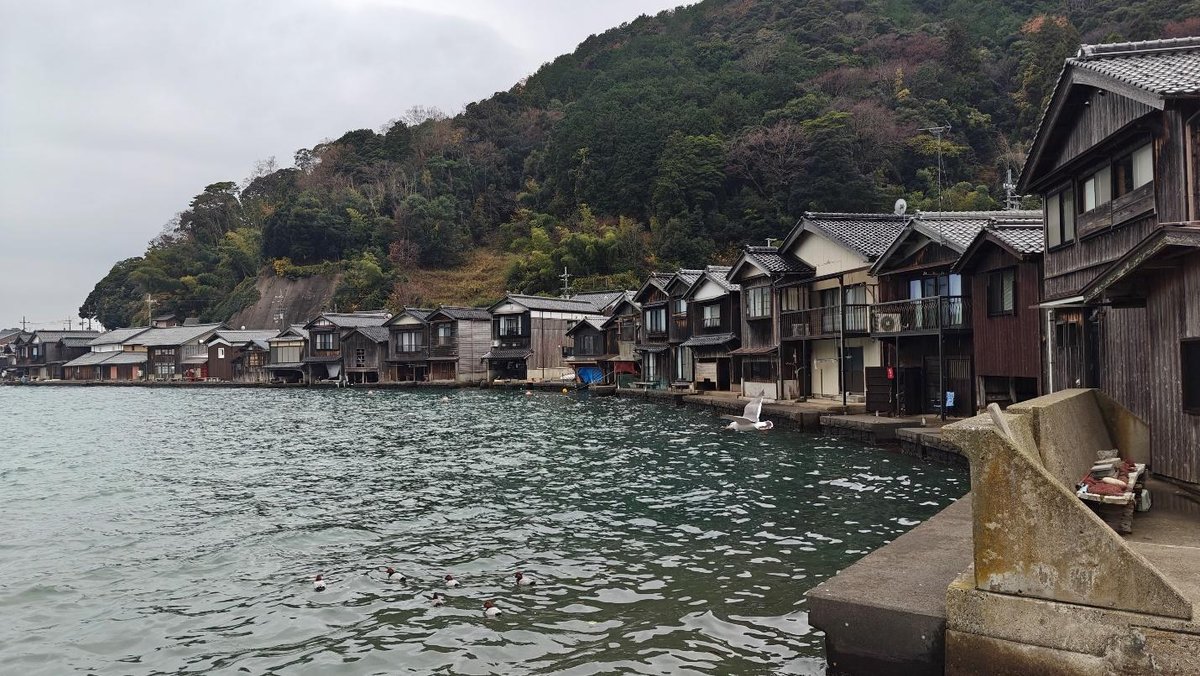 Seaside village with wooden houses and green hills