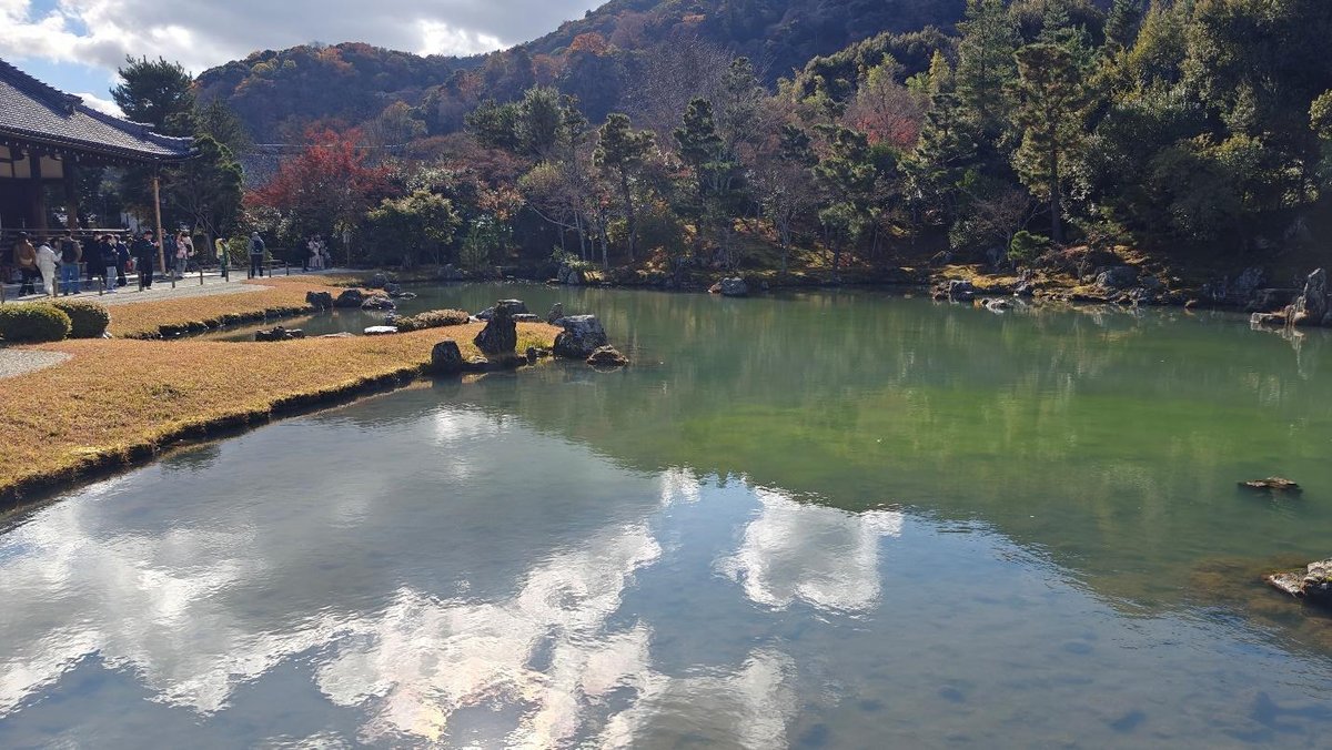 Serene lake with autumn trees and temple