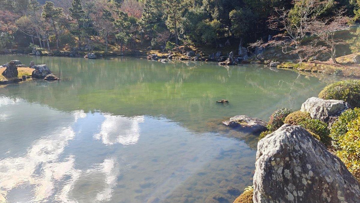 Serene pond with reflections, surrounded by rocks and trees