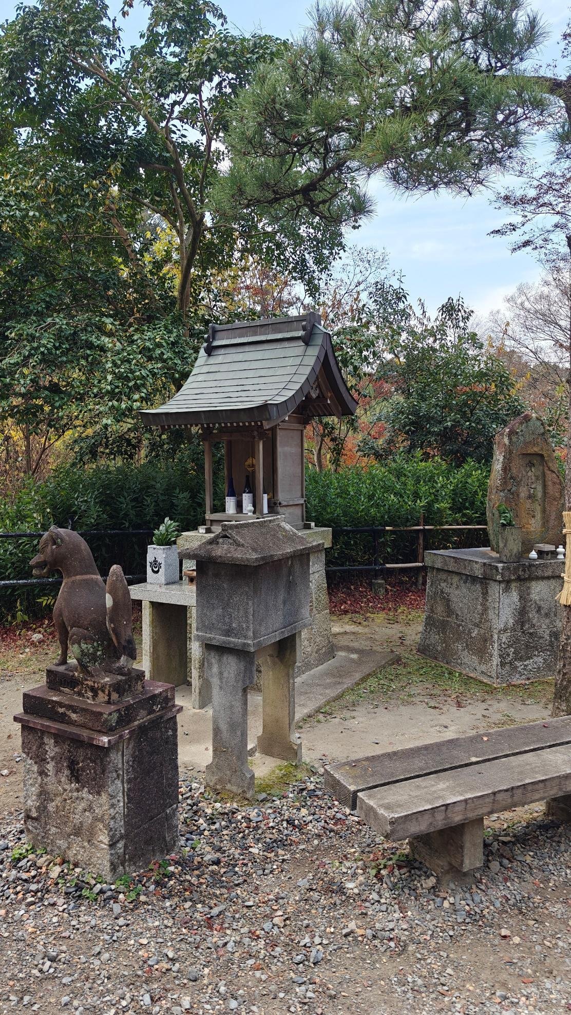 Stone shrine with statue in tranquil garden setting