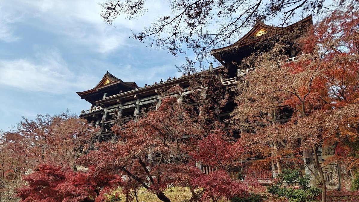 Temple surrounded by vibrant autumn foliage under blue sky