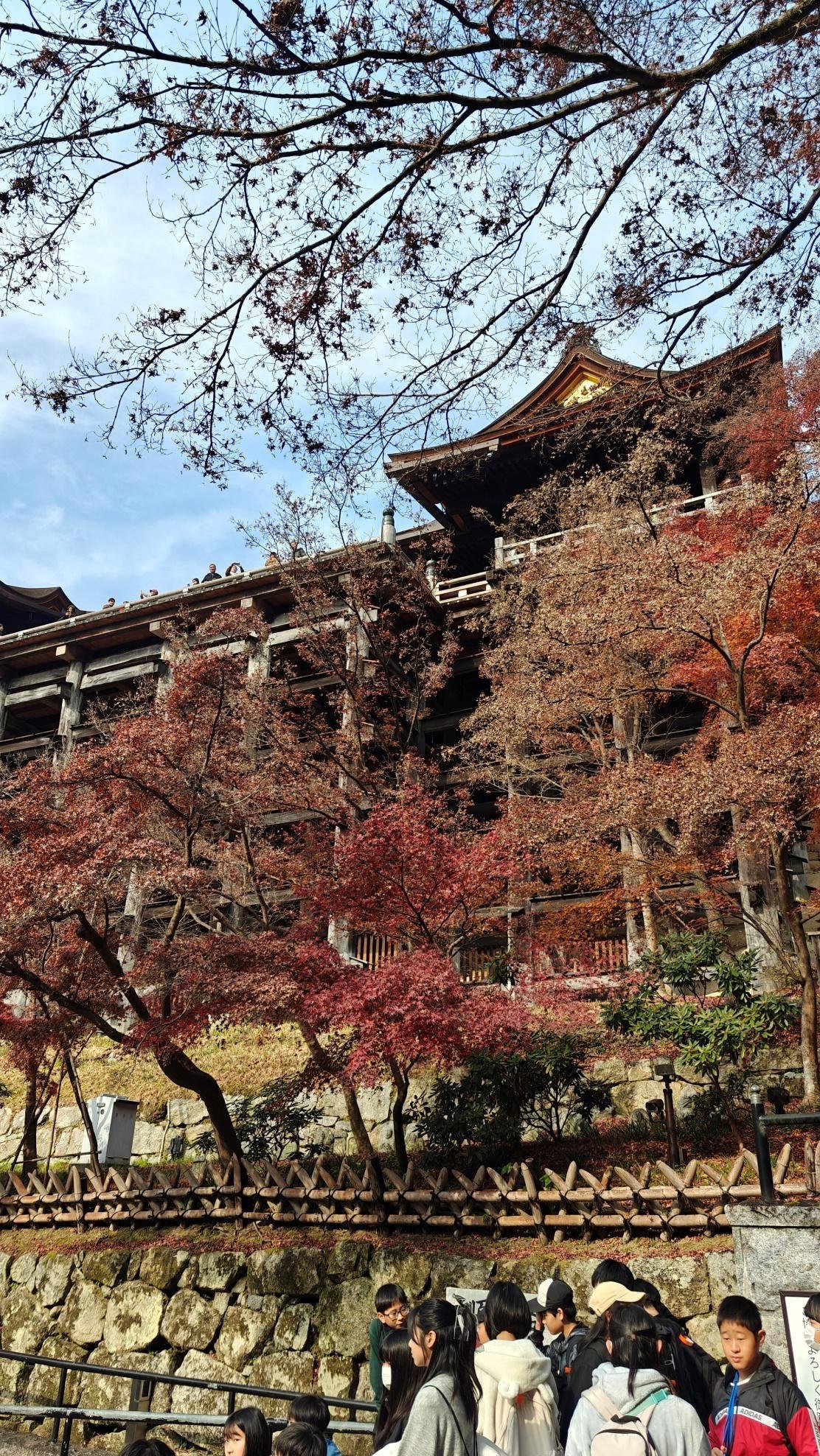 Temple with autumn foliage and visitors enjoying the view