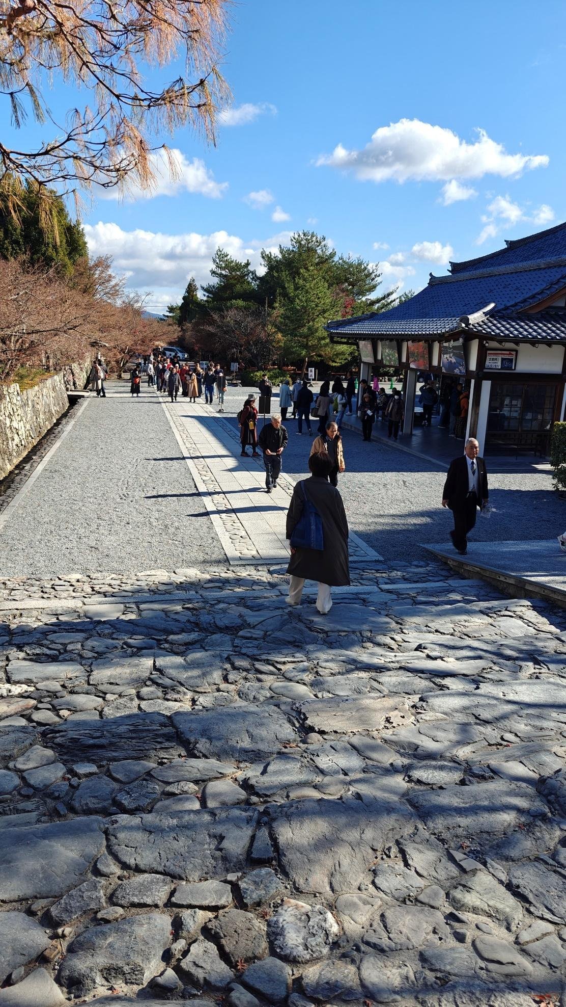 Tourists walking along a sunlit cobblestone path