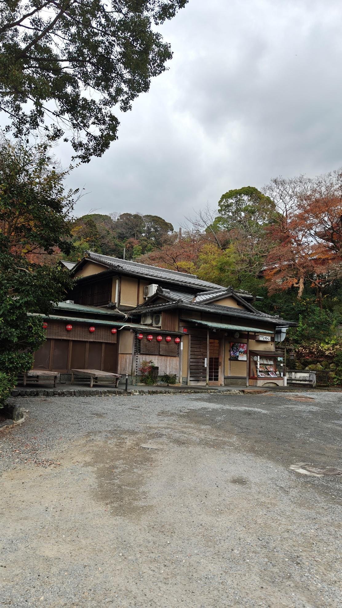 Traditional house with red lanterns, surrounded by trees