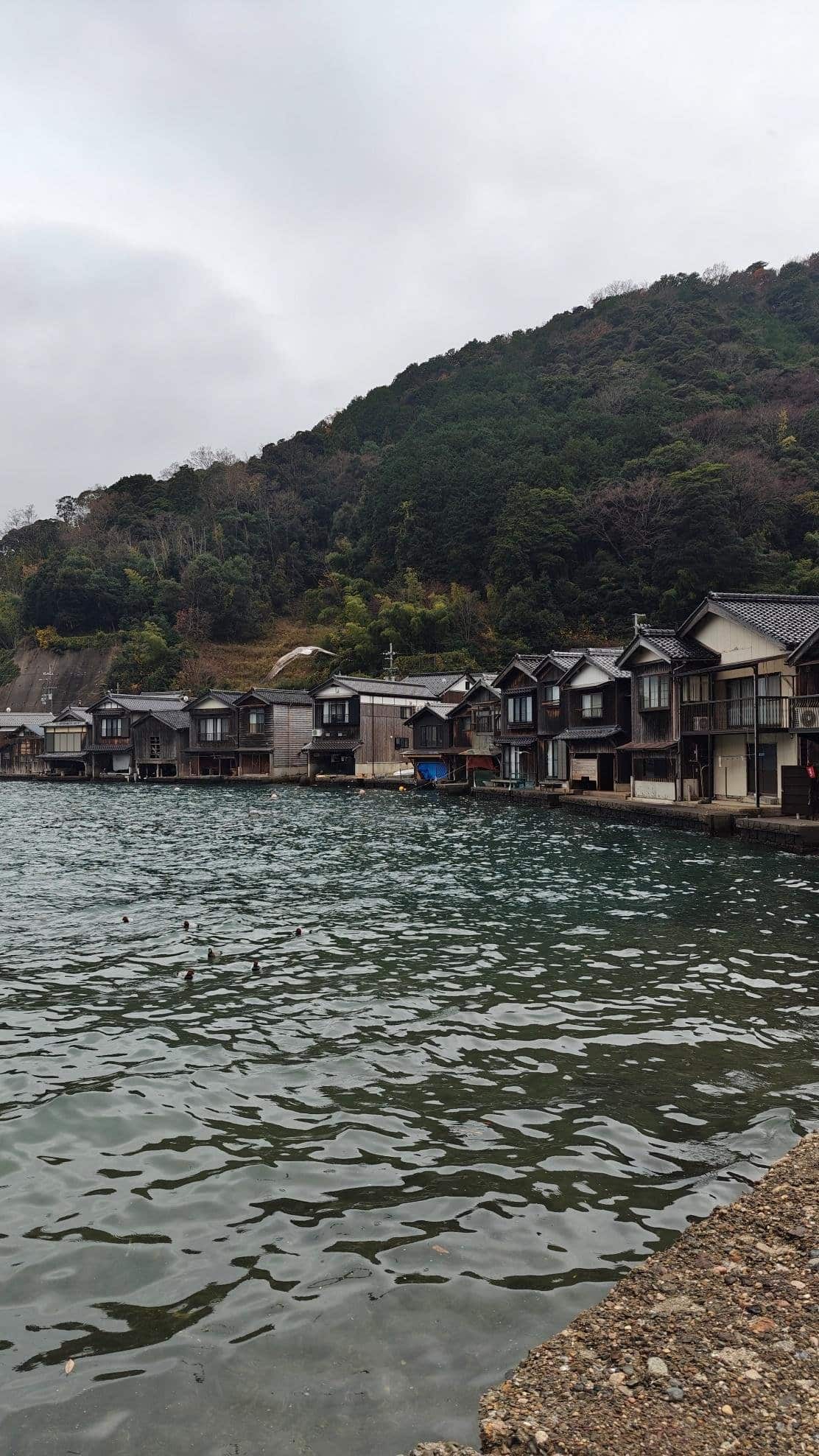 Traditional houses along a tranquil waterfront under cloudy sky