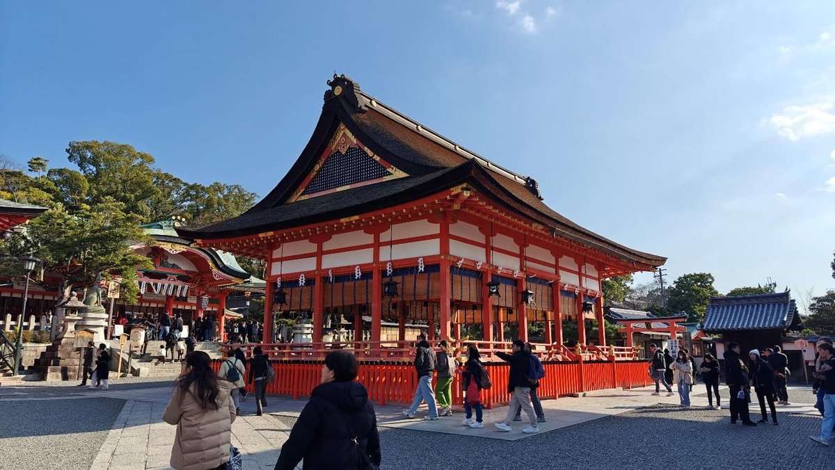 Traditional Japanese shrine with visitors under a clear blue sky