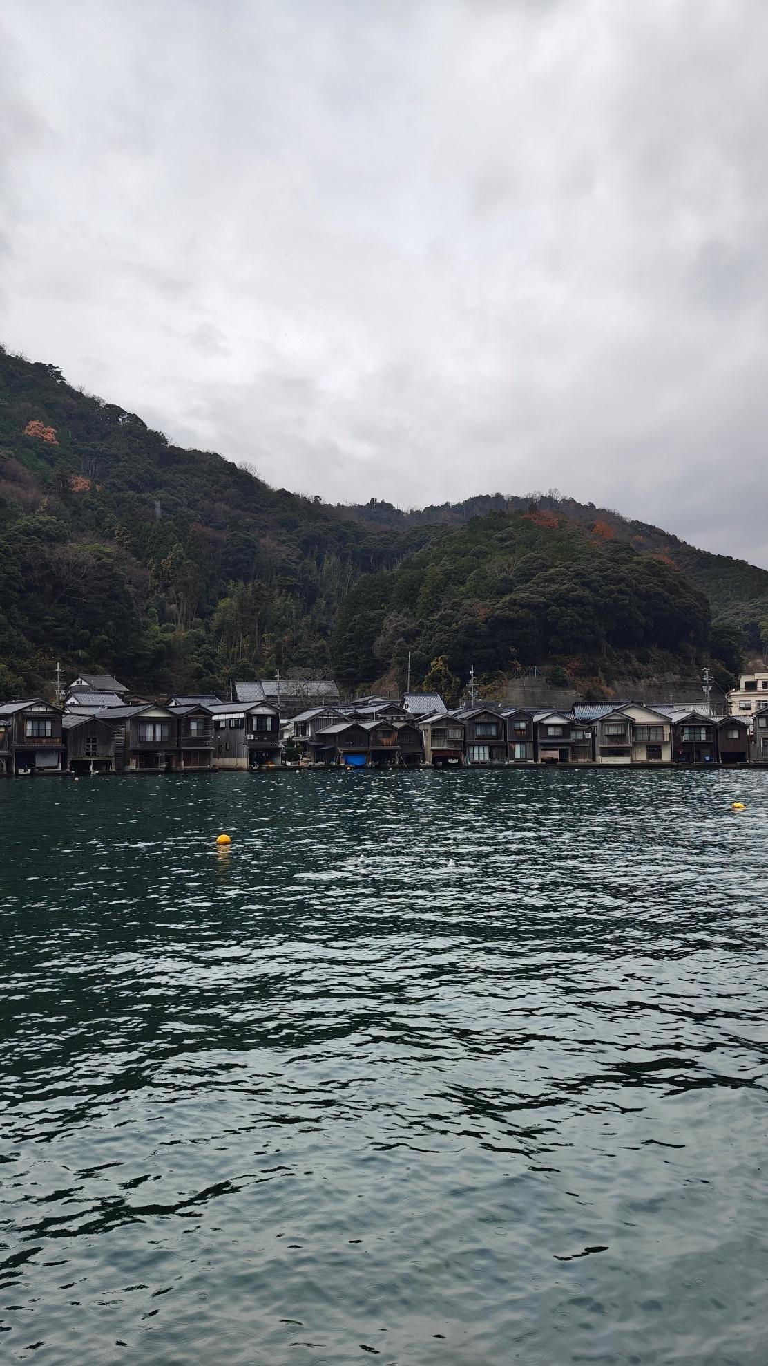 Traditional waterside homes by a forested hill under cloudy sky